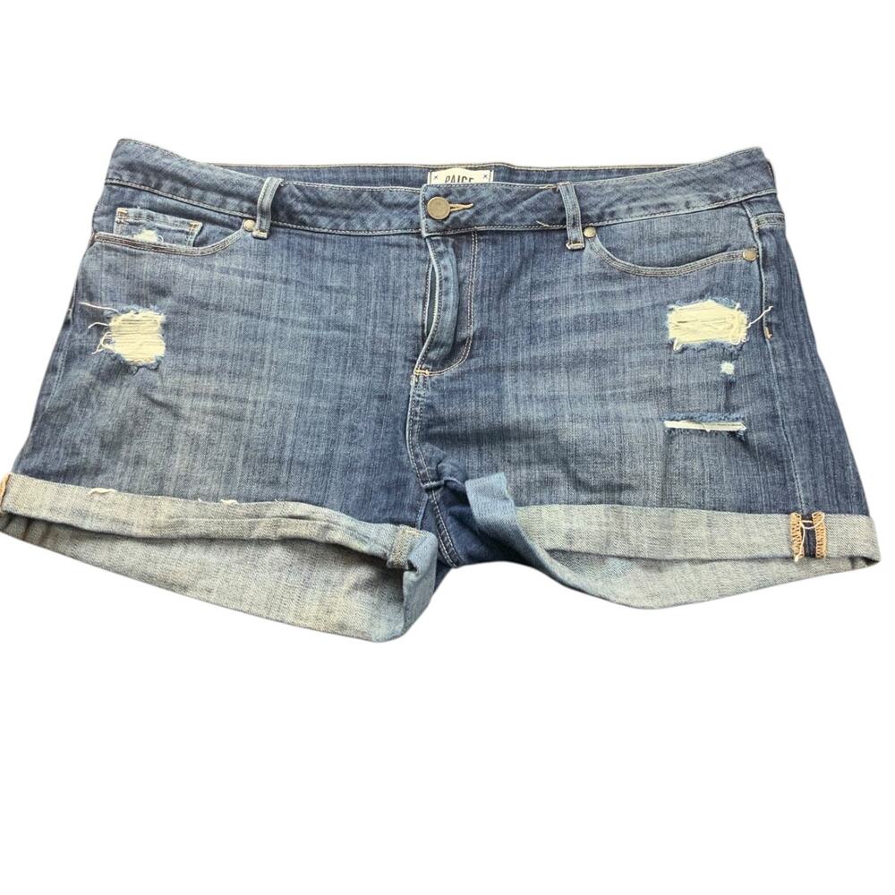 PAIGE Distressed Denim Shorts Women’s Size 32 Cuffed Mid Rise Stretch Jean